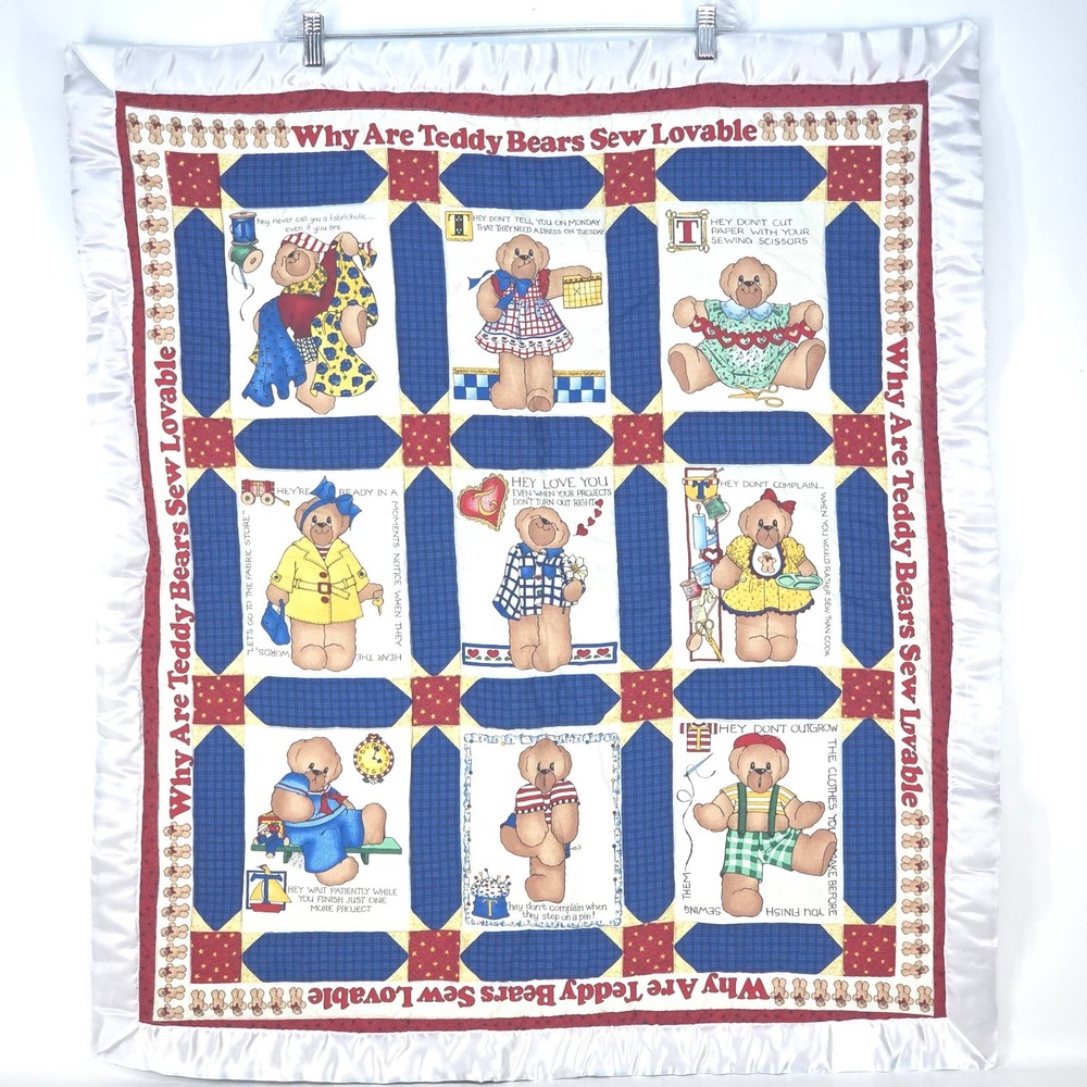 Hand Sewn Patchwork Quilt 37x33 Satin Teddy Baby Vintage 1997 Granny Cottage